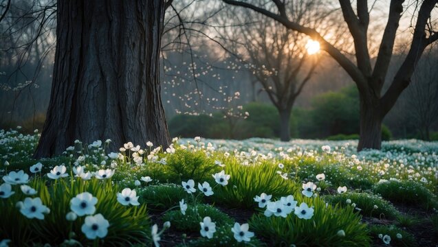 Vibrant morning view of white anemones blooming peacefully in a rustic landscape with ambient illumination and surrounding trees