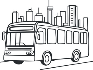 Black and white line art illustration of a bus in a city with tall buildings in the background