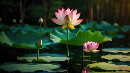 Large and small pink lotus buds rest on green leaves floating in the pond