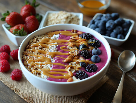 mixed berry and oat breakfast bowl with almond butter drizzle

 - Powered by Adobe