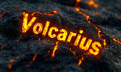 Molten rock forms the word "Volcarius" in a fiery landscape, suggesting intense heat and volcanic activity