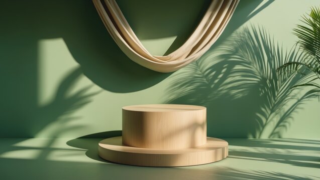 Minimalistic wooden cylindrical pedestal with shadow of palm leaves on a green background, designed for product presentation in a natural interior scene.
