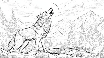 Obraz premium Majestic wolf howling in nature mountain landscape line art drawing outdoor scene artistic perspective wildlife concept