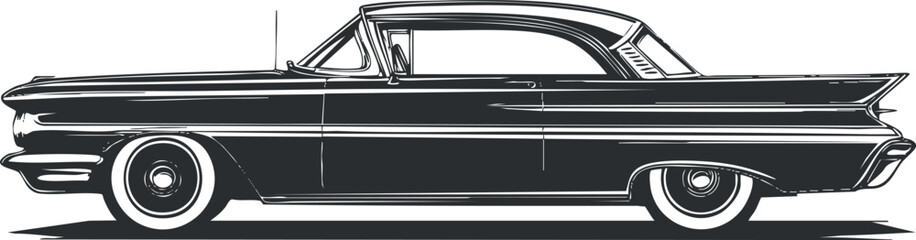 Side view illustration of a classic vintage coupe car in black and white style