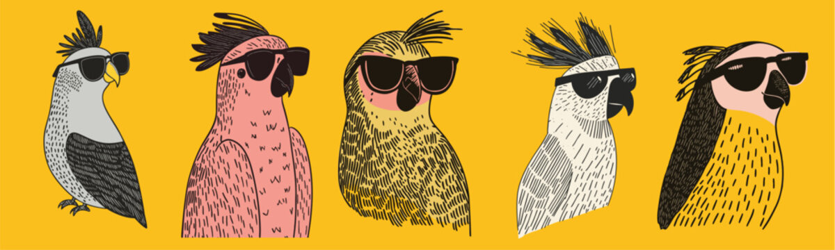 illustration set of cool summer parrots wearing sunglasses