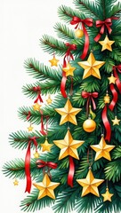 Festive christmas tree with gold star ornaments and red ribbons. Close-up of a decorated Christmas tree with golden stars, ribbons, and ornaments &mdash; ideal for Christmas and festive greeting cards