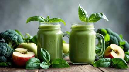 Fototapeta premium Dieting and nutrition focused on health, vegan and vegetarian lifestyles, and alkaline concepts. A kitchen table showcasing a green smoothie with organic vegetables.