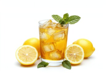 A Glass of Lemonade with ice cubes, mint leaves, and sliced Lemons isolated on a White background