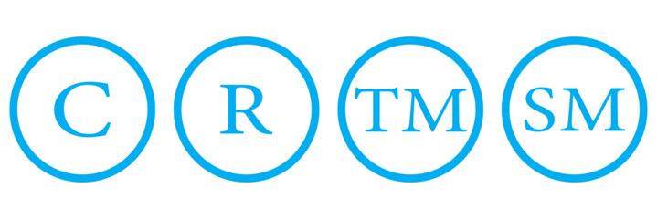 Set of trademark symbols including TM and R in a circle, representing intellectual property and brand protection.
