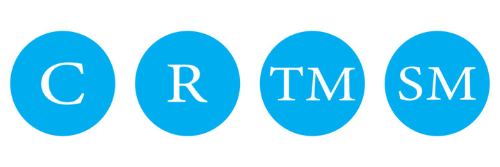 Set of trademark symbols including TM and R in a circle, representing intellectual property and brand protection.