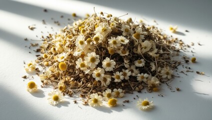 Isolated dried camomile blossoms with white floral background