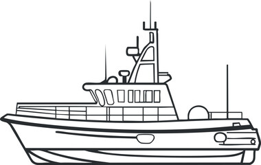 Black and white line drawing of a modern ship side view with detailed deck and antennas