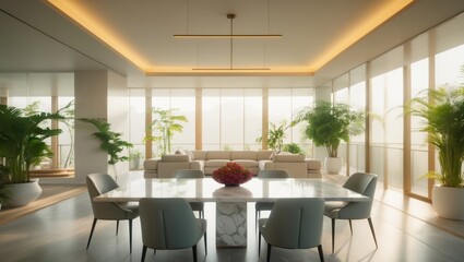 Fototapeta premium Interior of a dining and lounge space with no individuals present. Modern apartment displaying a marble table and sofa. All furnishings are tastefully designed.