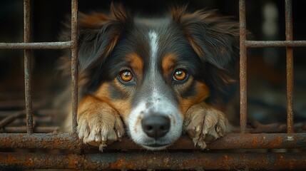 sad stray mixed-breed dog behind metal bars in a cage at an animal shelter, gazing into the camera with a longing expression