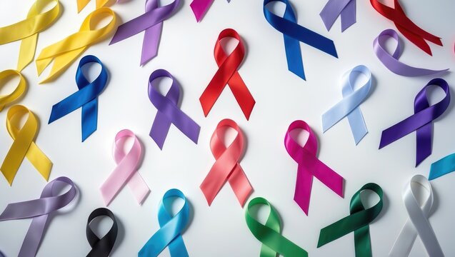 A showcase of multi-colored cancer ribbons worn by survivors, supporters, and patients to promote awareness.
