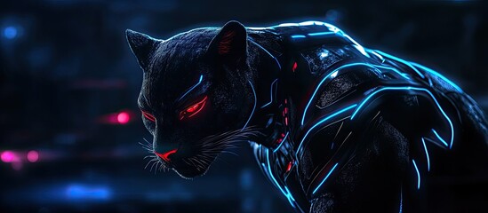 Cybernetic panther with glowing red eyes in a dark futuristic setting.