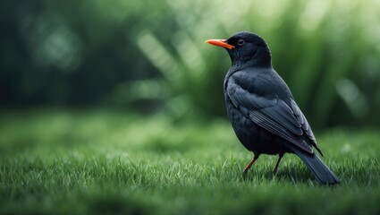 Obraz premium Blackbird with yellow beak and black feathers on white background