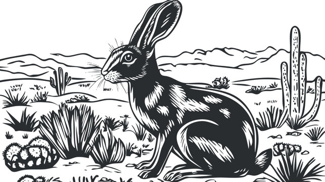 Black and white illustration of a jackrabbit sitting in a desert landscape with cacti and dry plants