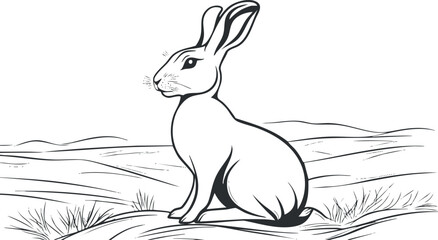 Black and white sketch of a rabbit sitting in a natural outdoor field landscape with grass and hills.