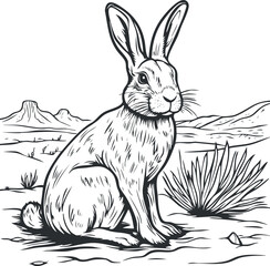 Black and white line drawing of a rabbit sitting in a desert landscape with mountains and desert plants in the background