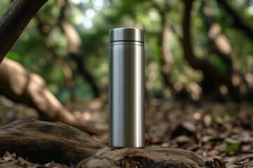 Stainless steel bottle on wood with forest background nature shot