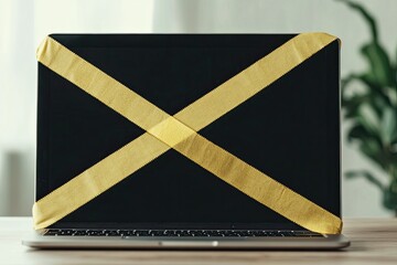 Laptop screen crossed with yellow tape, symbol of restriction, caution, or digital access denial concept