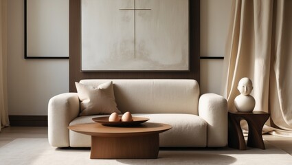 Fototapeta premium Living room interior arrangement with a mock-up poster frame, modular sofa, wooden coffee table, pillows, fashionable sideboard, gray bowl, and personal accessories.