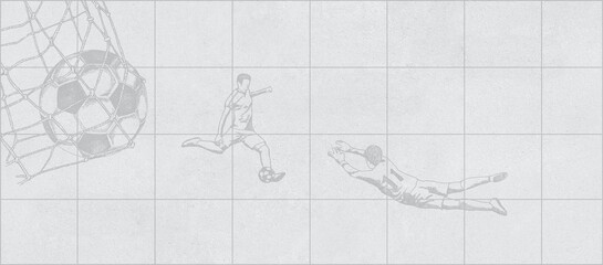 Sketch Style Soccer Player Shooting Goal Illustration, Vintage Football Match Design on Grid Background
