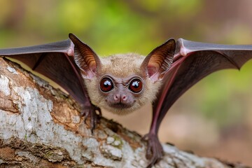Obraz premium Close-up of bat on tree: large eyes, open wings, natural habitat
