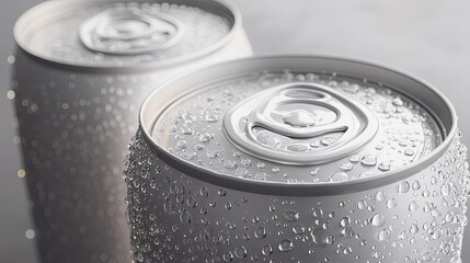 Close-up of two cold, condensation-covered aluminum cans. (1)