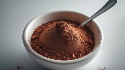 White bowl filled with ground cocoa powder and cinnamon on natural wooden surface