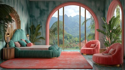 Luxurious teal and coral bedroom with mountain views