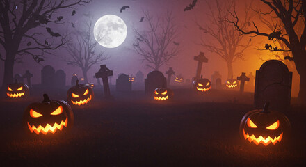 A spooky Halloween cemetery scene with glowing jack-o'-lanterns lining weathered tombstones. Thick fog swirls between the graves as a full moon casts eerie shadows. Dark purple and orange tones create