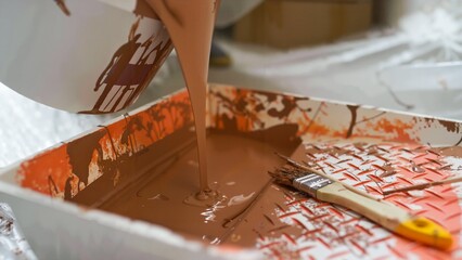 Brown paint being poured into paint tray with brush placed alongside, paint splatters visible in tray