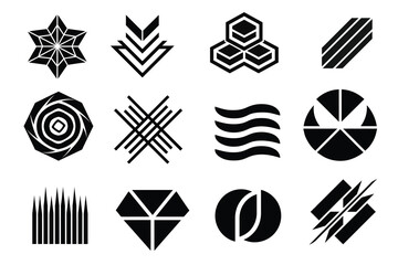 12-piece set of Y2K-inspired retro symbols and vintage stickers with abstract shapes, brutalist elements, and glass distortion effects.