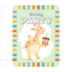  Cute party invitation safari animals template. Colorful and minimalist. Hand-drawn vector illustration in flat style.
