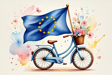 Bicycle with eu flag and flower basket - whimsical watercolor art. Watercolor illustration of a bicycle with flowers in its basket and a waving EU flag, suggesting peaceful movement and European lifes