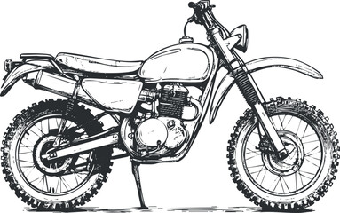 Fototapeta na wymiar Black and white sketch of a vintage offroad dirt bike motorcycle side view with knobby tires and detailed engine