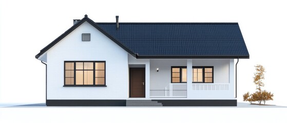 Modern white house exterior with dark roof, porch, and windows.