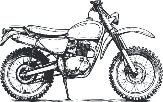 Fototapeta Black and white sketch of a vintage offroad dirt bike motorcycle side view with knobby tires and detailed engine