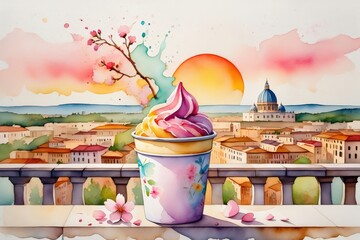 Sunset over roman cityscape with cherry blossom and ice cream delight. Romantic scene of a gelato cup with vibrant sunset sky over a classic Italian cityscape, capturing sweetness and travel vibes