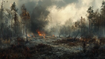 Wildfire devastation forest landscape digital art smoky environment distant perspective nature's fury