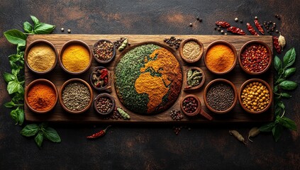 Spices arranged as world map, ornate display