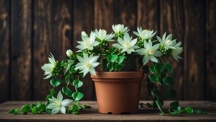White cactus blossom in a brown plastic pot with a wooden backdrop for winter floral design