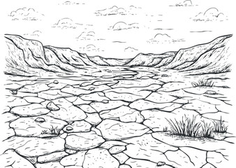 Black and white drawing of a cracked dry desert landscape with hills and scattered grass under a cloudy sky