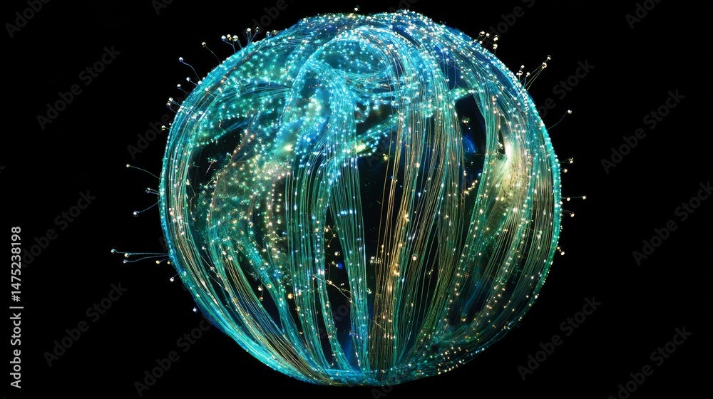 Poster dynamic visualization of data patterns in a 3d sphere digital realm abstract art dark background tec