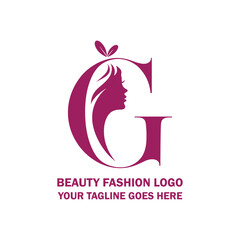 Letter G Beauty Fashion Logo with Woman Face and Leaf Icon