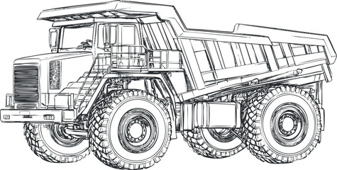 Detailed black and white sketch of a large heavy-duty dump truck used in construction and mining industries.