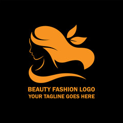 Elegant Woman Silhouette Beauty Logo with Flowing Hair and Leaf Design