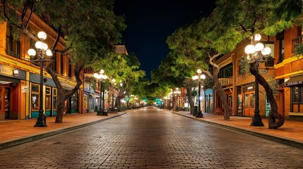 Fototapeta premium Urban Serenity: A picturesque street scene at night, with illuminated buildings, tree-lined pathways, and glowing streetlights, creating a captivating ambiance.